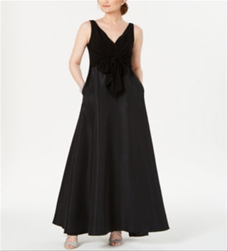 Adrianna Papell Women's V Neck Tie Waist Gown Black Size 16
