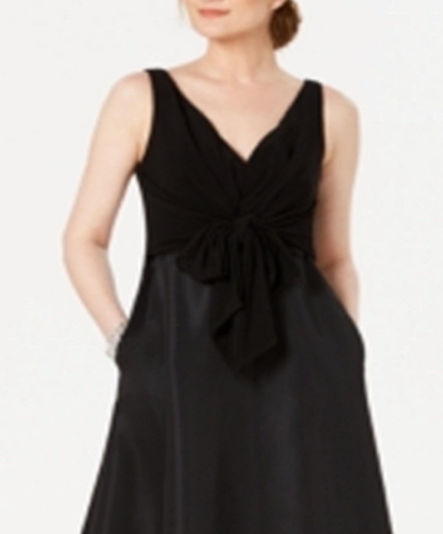 Vestido feminino Adrianna Papell com decote em V e amarração na cintura, preto, tamanho 16