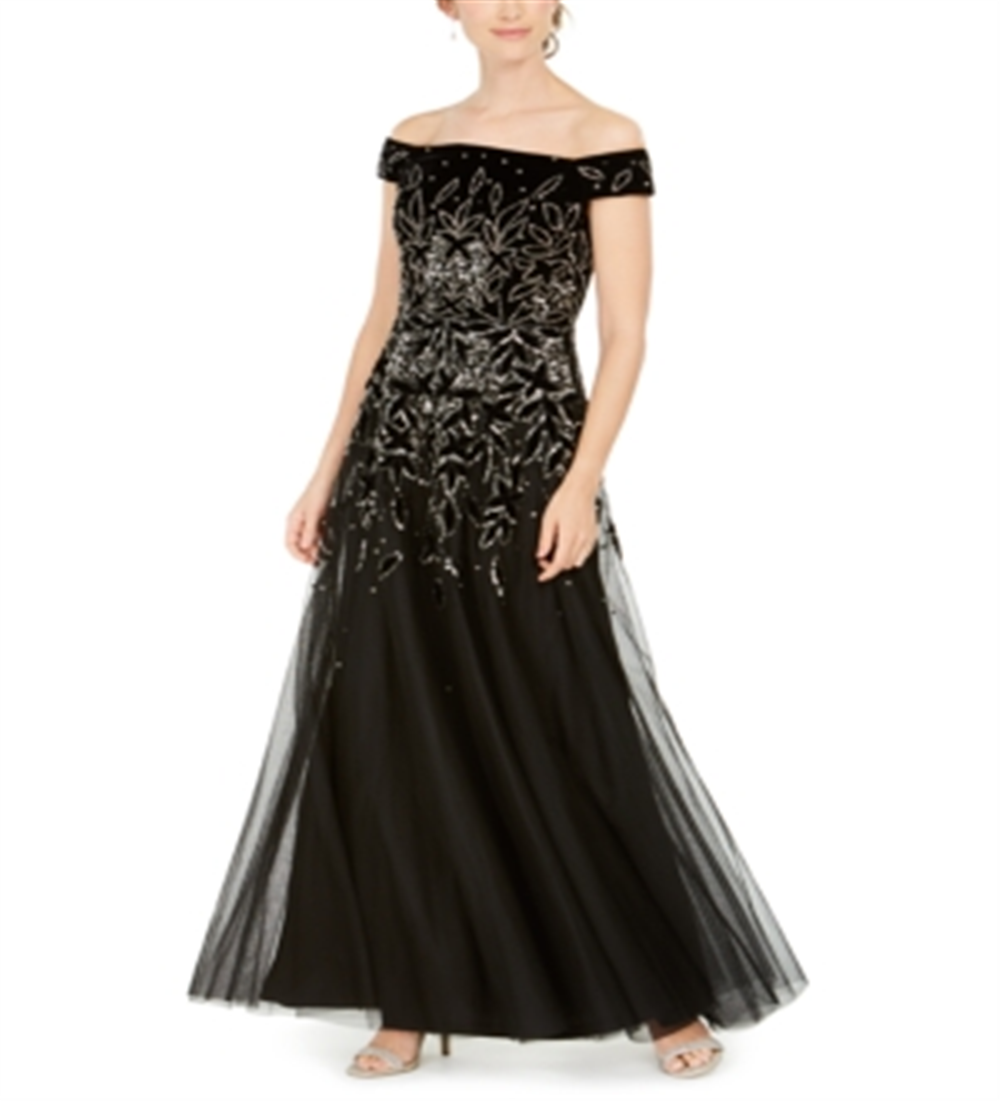 Vestido de veludo enfeitado feminino Adrianna Papell, preto, tamanho 12