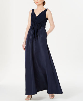 Adrianna Papell Women's V Neck Tie Waist Gown Blue Size 6