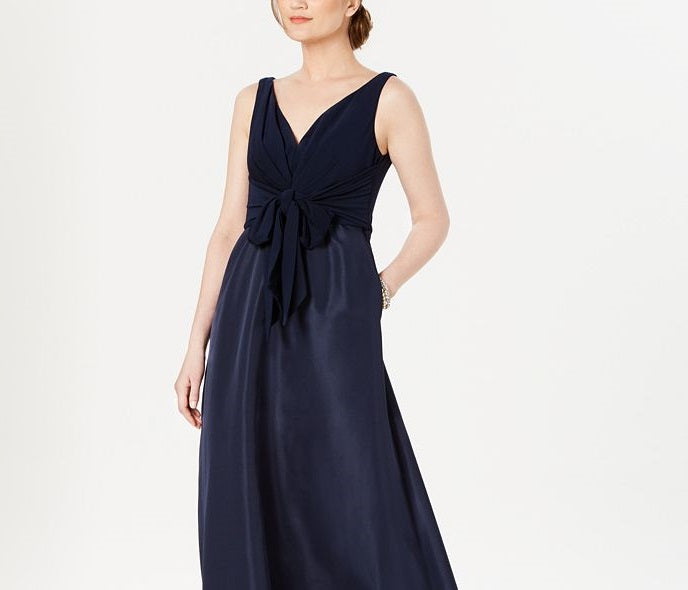 Vestido feminino Adrianna Papell com decote em V e amarração na cintura, azul, tamanho 6