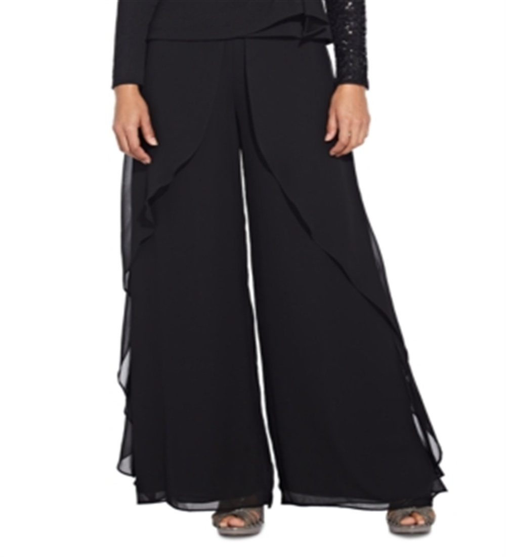 Calça feminina Adrianna Papell com babados em chiffon, preta, tamanho 18