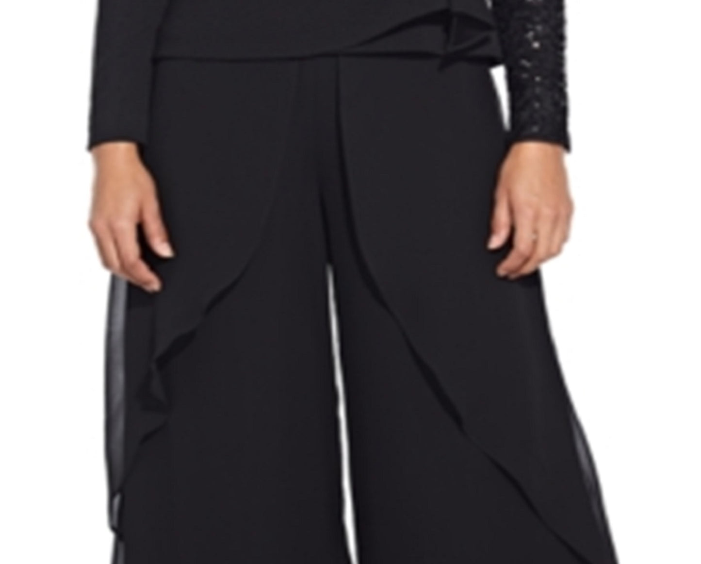 Calça feminina Adrianna Papell com babados em chiffon, preta, tamanho 18