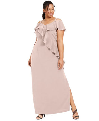 Adrianna Papell Women's Ruffled Slitted Zippered Short Sleeve Off Shoulder Maxi Evening Sheath Dress Pink Size 22