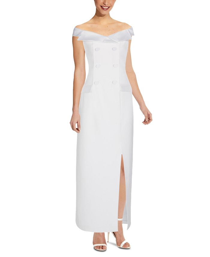 Vestido de festa longo com fenda e ombro de fora, sem mangas, estilo smoking, branco, tamanho 10, para mulheres, Adrianna Papell