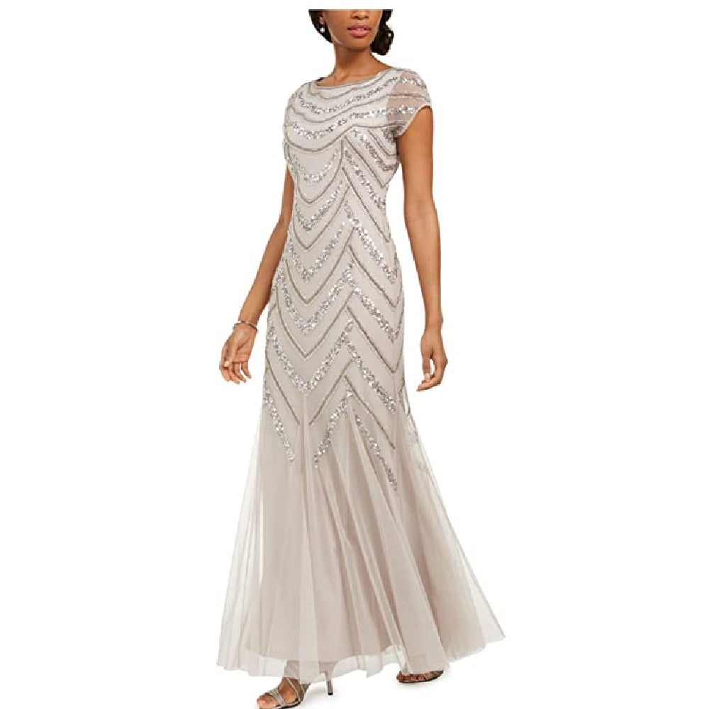 Vestido de festa feminino Adrianna Papell com decote profundo e detalhes em godê, cinza, tamanho 4