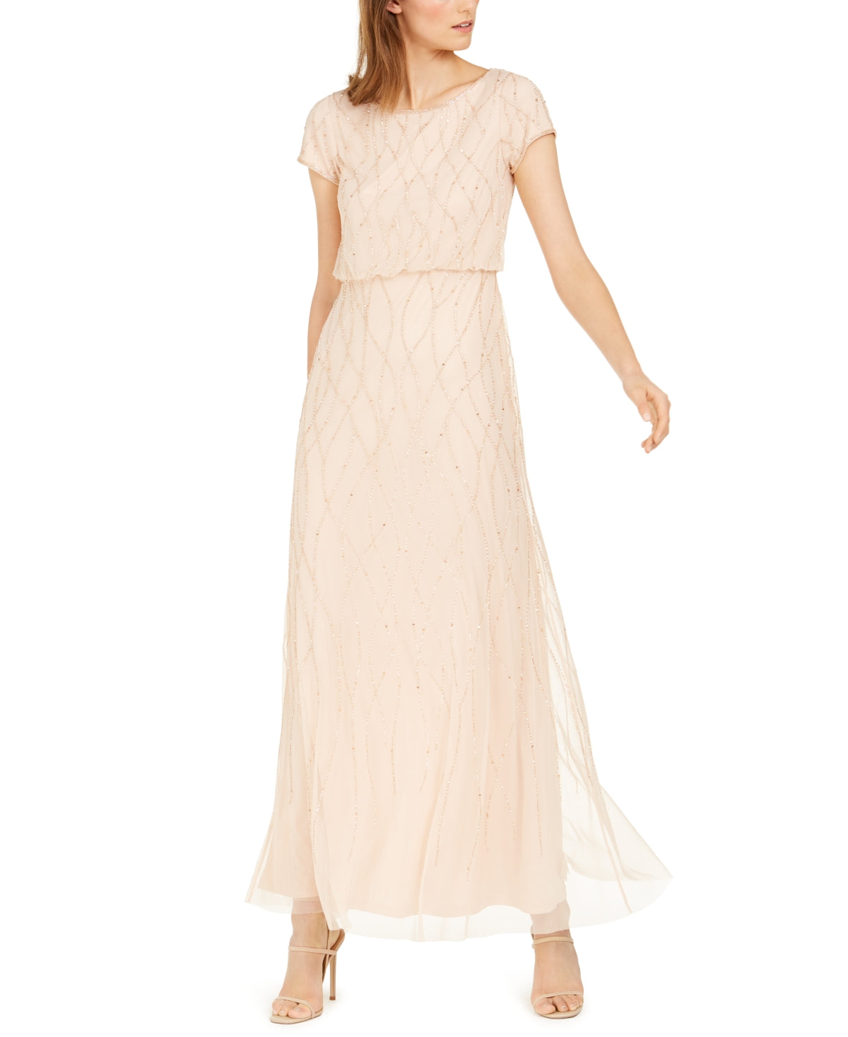 Vestido longo feminino Adrianna Papell, manga curta, com sobreposição, marrom, tamanho 16