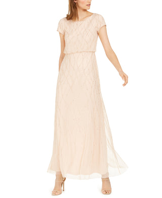 Adrianna Papell Women's Short Sleeve Embellished Overlay Gown Brown Size 16