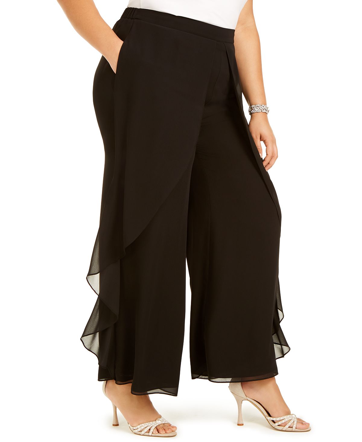 Calça social feminina Adrianna Papell em chiffon, preta, tamanho 20