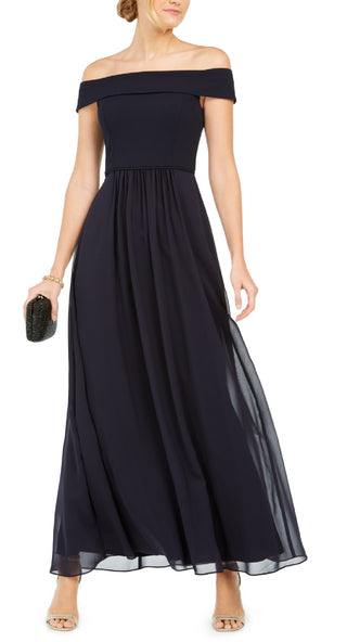 Adrianna Papell Women's Off The Shoulder Chiffon Gown Blue Size 8