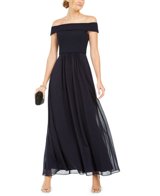 Adrianna Papell Women's Off The Shoulder Chiffon Gown Blue Size 14