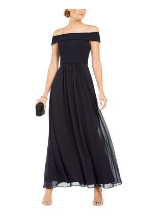 Adrianna Papell Women's Off The Shoulder Chiffon Gown Blue Size 16