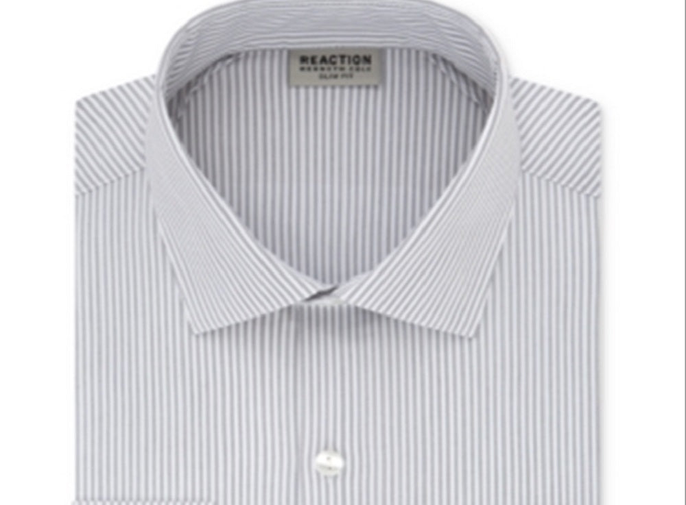 Camisa listrada masculina Kenneth Cole Reaction Slim Fit com botões, cinza, tamanho 16,5 x 32-33