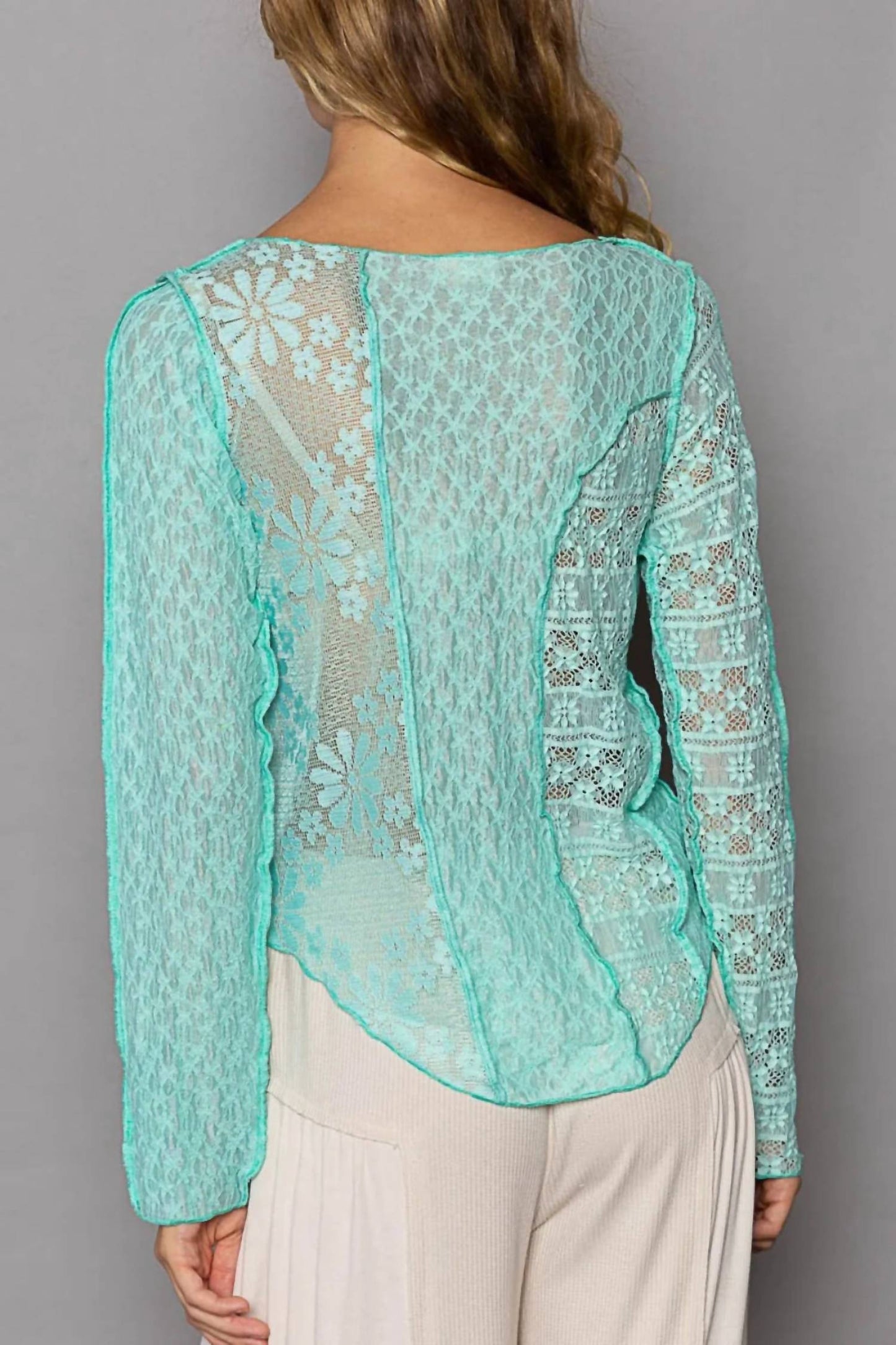 Pol - Exposed Seam Long Sleeve Lace Knit Top
