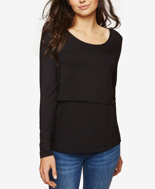 Top de amamentação em camadas para maternidade feminina, preto, tamanho médio