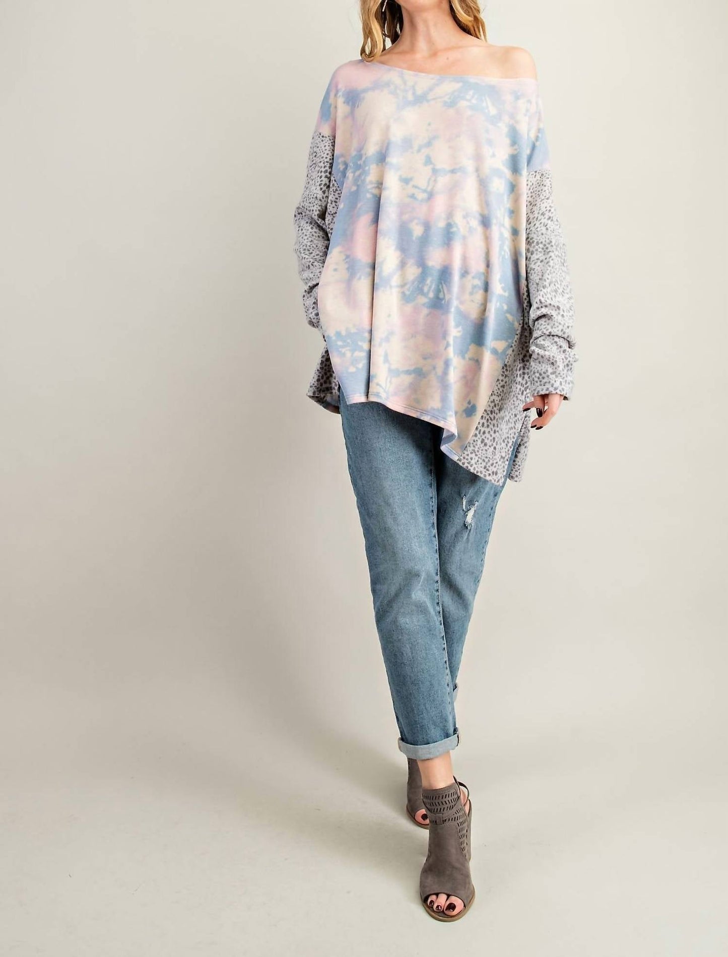 143 Story - Brushed Soft Tie Dye & Cheetah Print Tunic Top