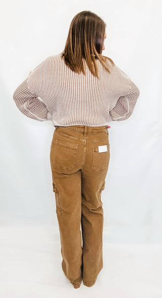 Risen - Calça Jeans Cargo de Cintura Alta e Bolso Largo