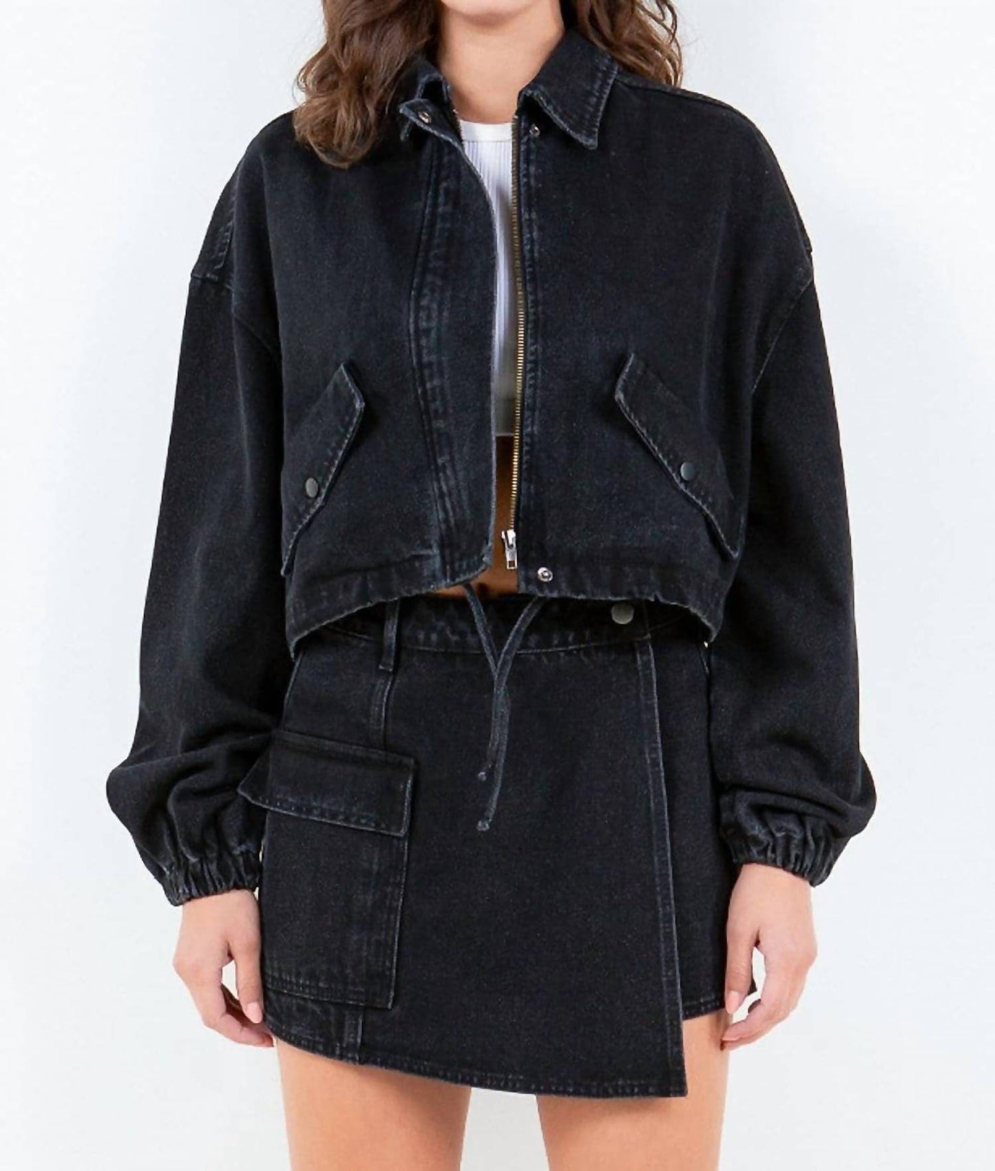American Bazi - Cropped Denim Jacket With Drawstring Waist