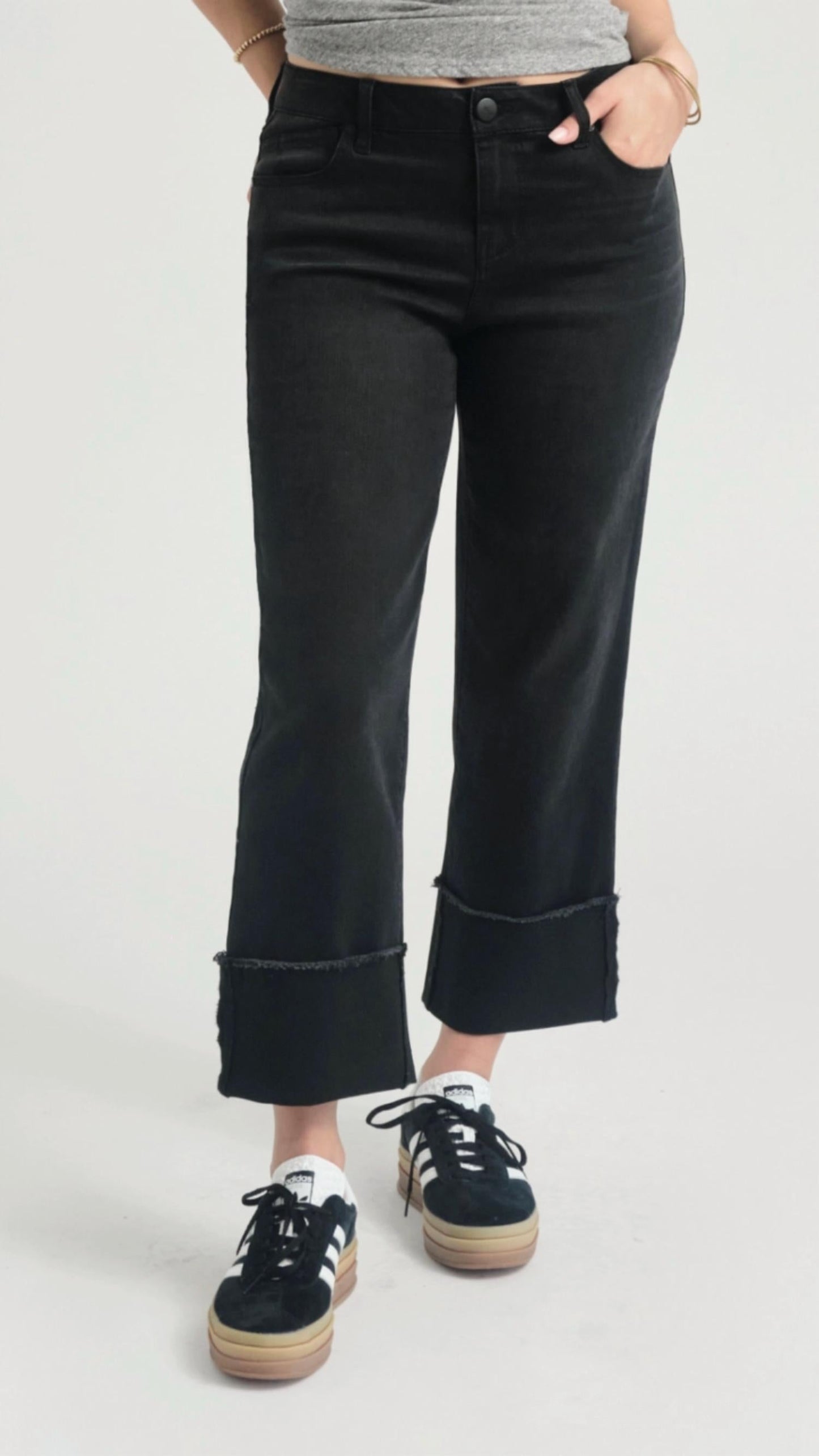 1822 Denim - Mid Rise Black Cuffed Straight Leg Jeans