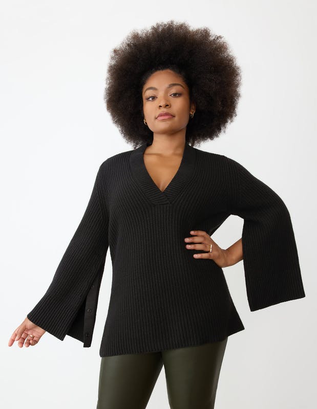 Snap Sleeve V-Neck Sweater