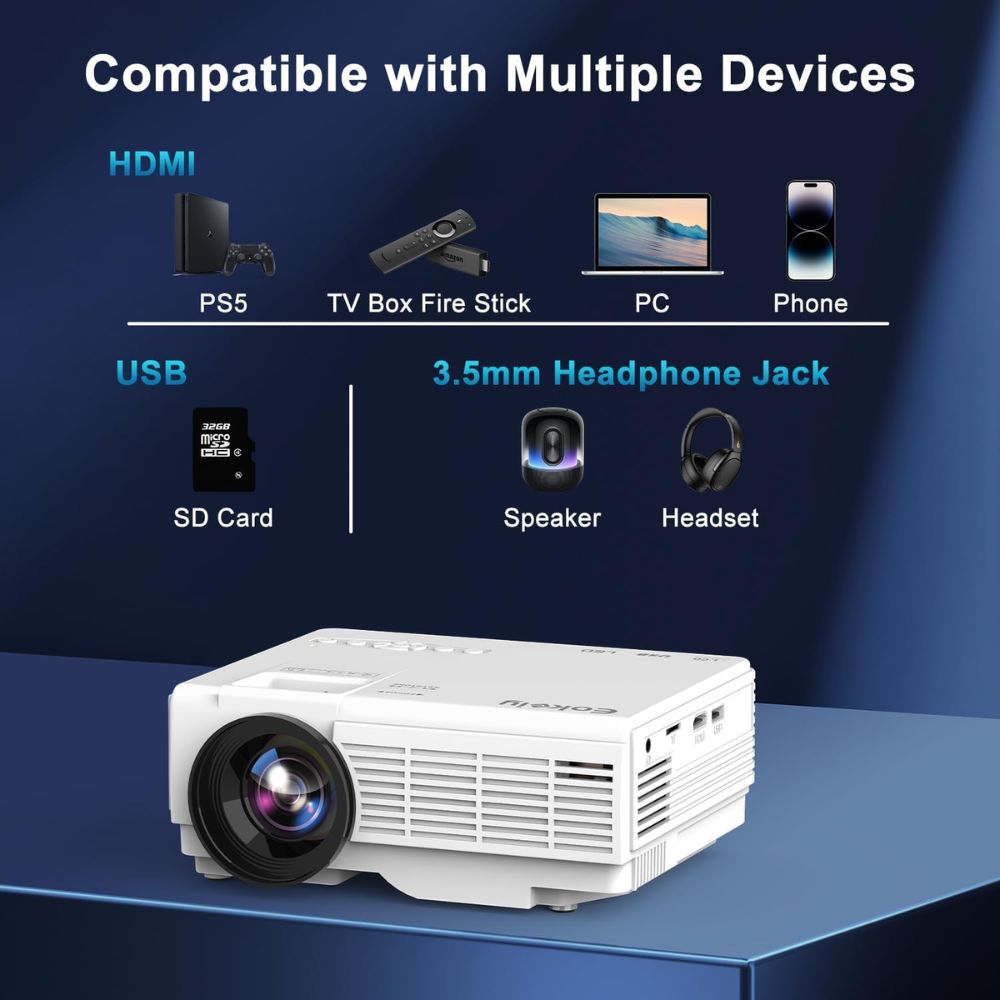 Miniprojetor GKLPO 1080P com tela de projeção, zoom de 50%, projetor de filmes portátil para ambientes externos, compatível com TV Stick, videogames, HDMI, USB, smartphone