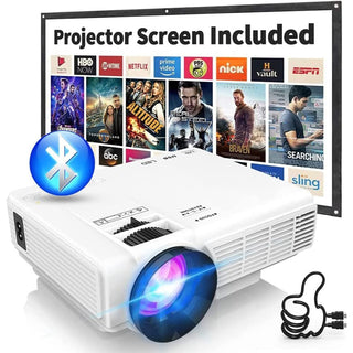 Miniprojetor GKLPO 1080P com tela de projeção, zoom de 50%, projetor de filmes portátil para ambientes externos, compatível com TV Stick, videogames, HDMI, USB, smartphone