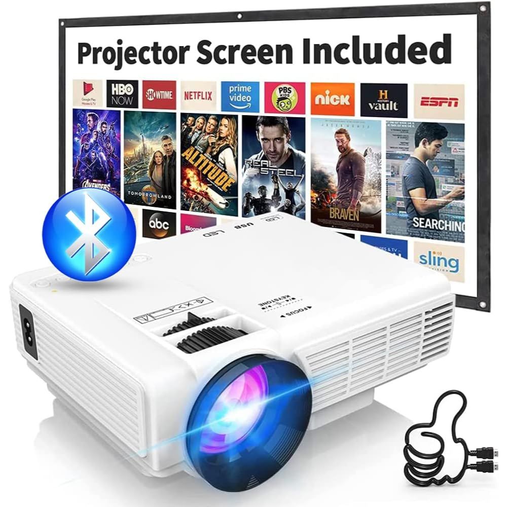 Miniprojetor GKLPO 1080P com tela de projeção, zoom de 50%, projetor de filmes portátil para ambientes externos, compatível com TV Stick, videogames, HDMI, USB, smartphone