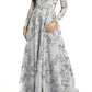 Mac Duggal Sequin Floral Embroidered Long Sleeve A-Line Gown in Platinum, Size 16