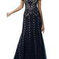 Adrianna Papell - V-neck Godet Cutout Back Embellished Mesh Gown