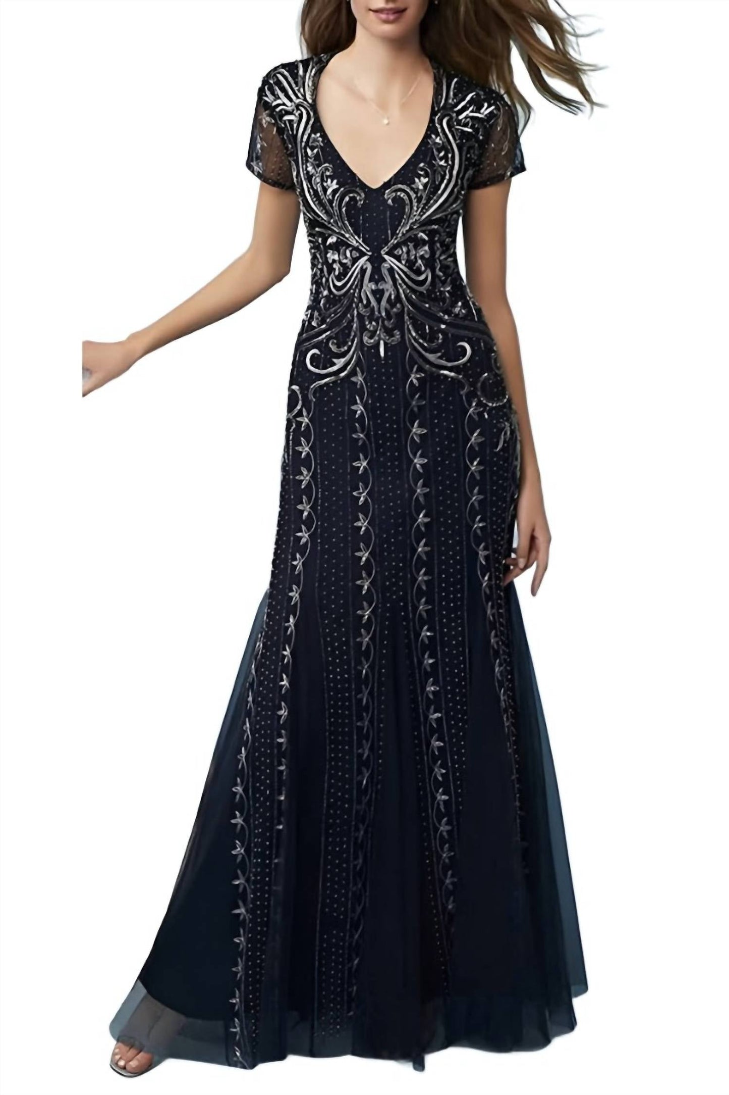 Adrianna Papell - V-neck Godet Cutout Back Embellished Mesh Gown