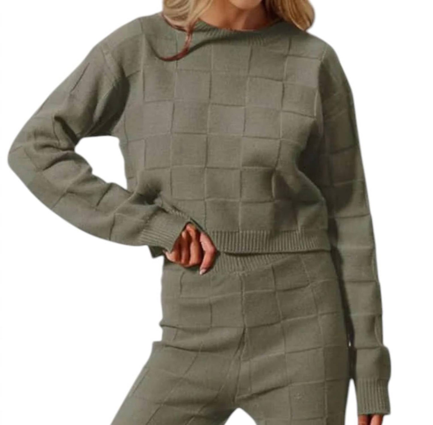 Double Take - Checkered Round Neck Top And Pants Set