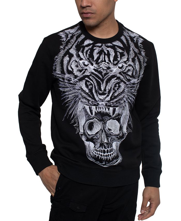 Suéter masculino Sean John de manga comprida com gola redonda estampada, preto, tamanho XXXX-G