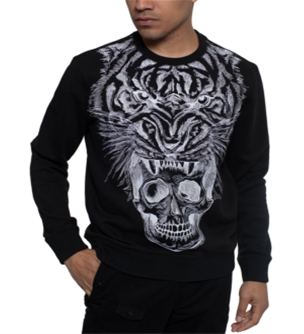 Suéter masculino Sean John de manga comprida com gola redonda estampada, preto, tamanho XXXX-G