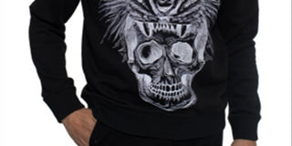 Suéter masculino Sean John de manga comprida com gola redonda estampada, preto, tamanho XXXX-G