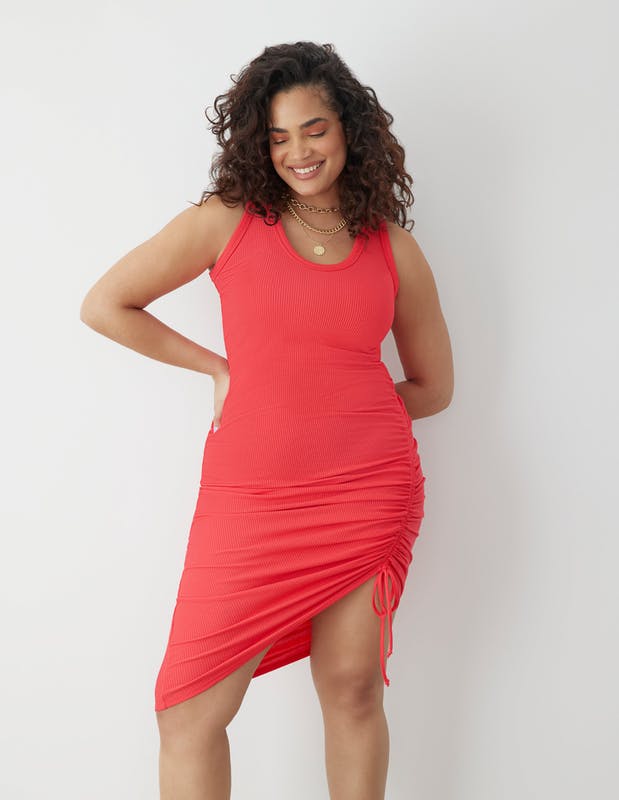 GSTQ Drawstring Rib-Knit Tank Dress - Pink - M