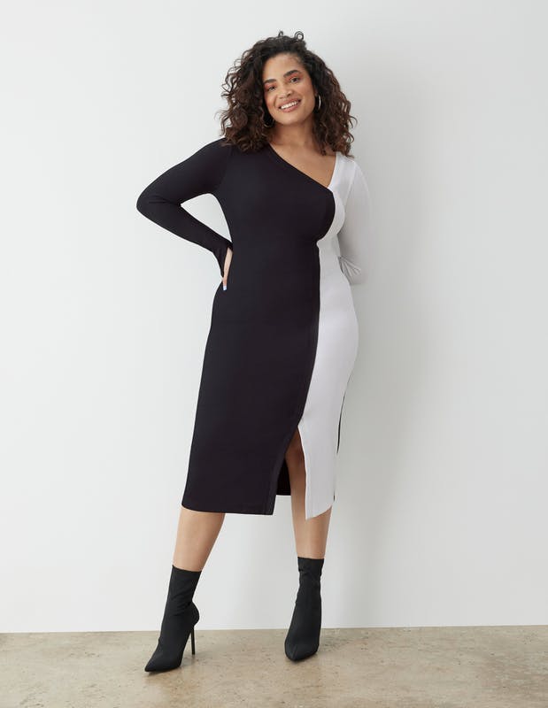 GSTQ Rib-Knit Colorblock Dress - Black - M