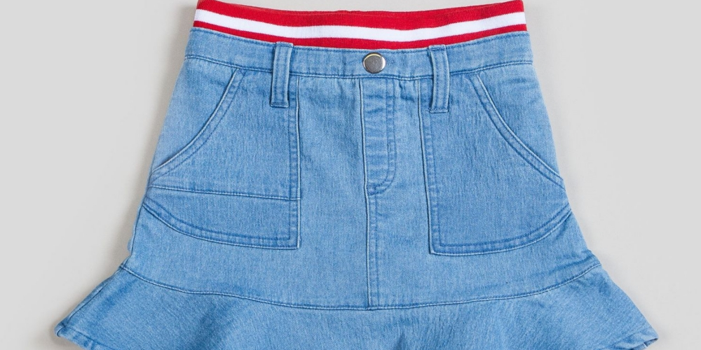Saia de malha canelada com babados e cós canelado Kinderkind para meninas, azul, tamanho 4T