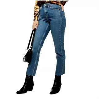 Topshop - Calça jeans cropped de cintura alta com bainha crua e perna reta
