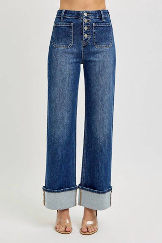 Risen - Calça jeans larga com botões e bolso frontal, cintura alta e punho
