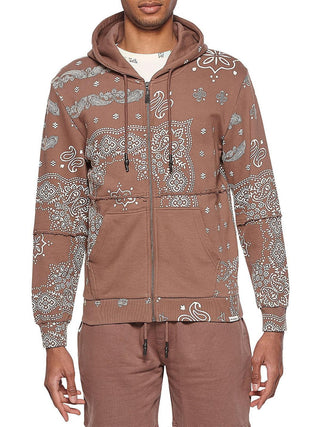 Moletom com capuz masculino com estampa paisley e zíper, tamanho grande, marrom, elevenparis