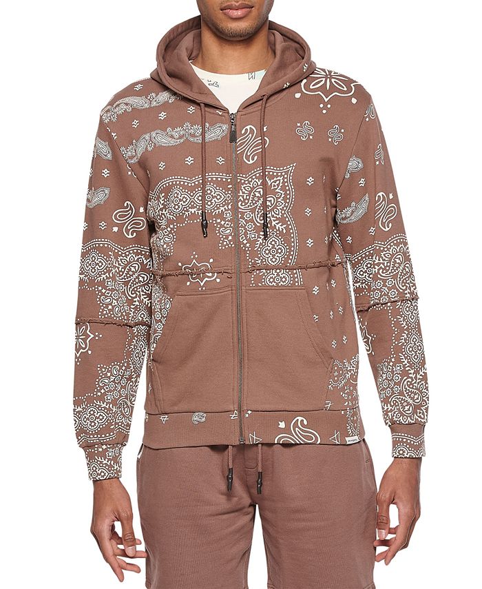 Moletom com capuz masculino Eleven Paris com estampa Paisley e zíper, marrom, tamanho XX-G