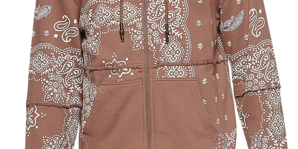 Moletom com capuz masculino Eleven Paris com estampa Paisley e zíper, marrom, tamanho XX-G