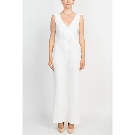 Women's White Sleeveless Ruffled Jumpsuit - Size 8