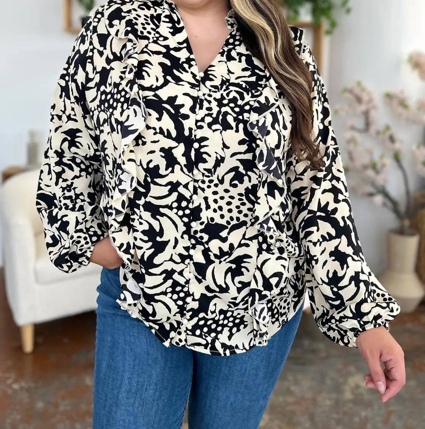 Double Take - Full Size Printed Ruffle Trim Balloon Sleeve Shirt