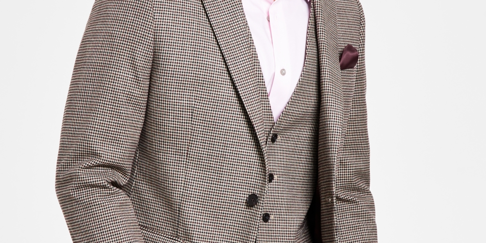 Terno xadrez slim fit masculino Bar III, jaqueta separada, marrom