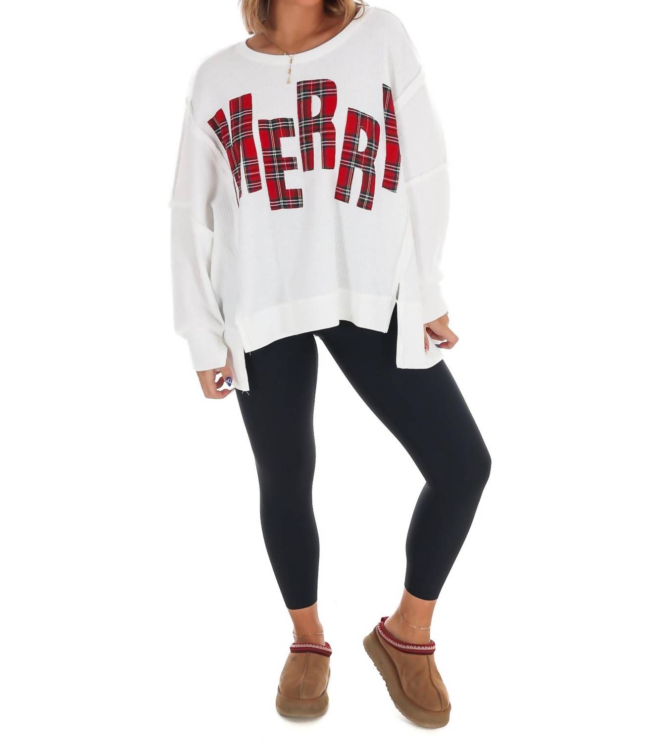 Bibi - Christmas Plaid Merry Waffle Knit Pullover Sweater