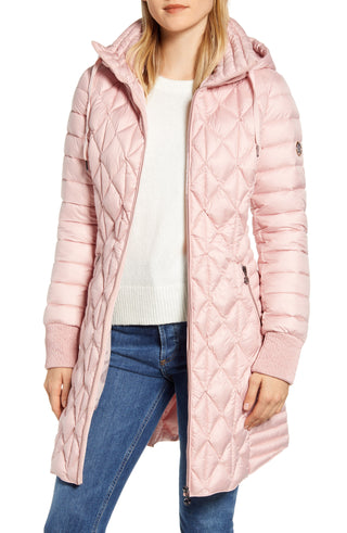 Women's Bernardo Pink Multi Quilt Packable Hooded Puffer Coat - Medium