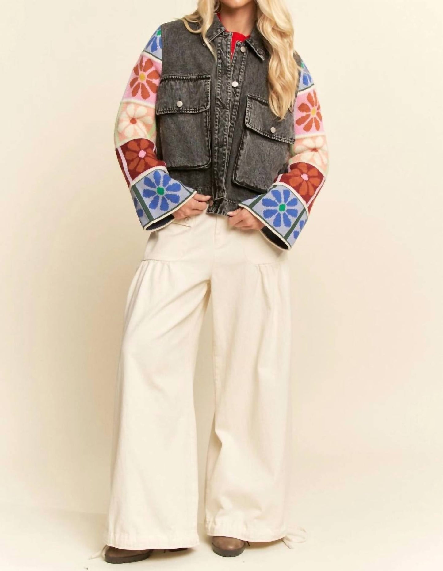 Davi & Dani - Patch Design Knit Sleeve Button Front Denim Jacket