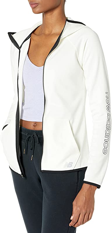 New Balance Moletom com capuz feminino Core Fleece com zíper completo Sea Salt tamanho XS