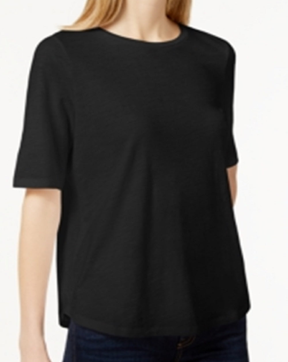 Camiseta feminina Eileen Fisher System de algodão orgânico com gola redonda, preta, tamanho grande